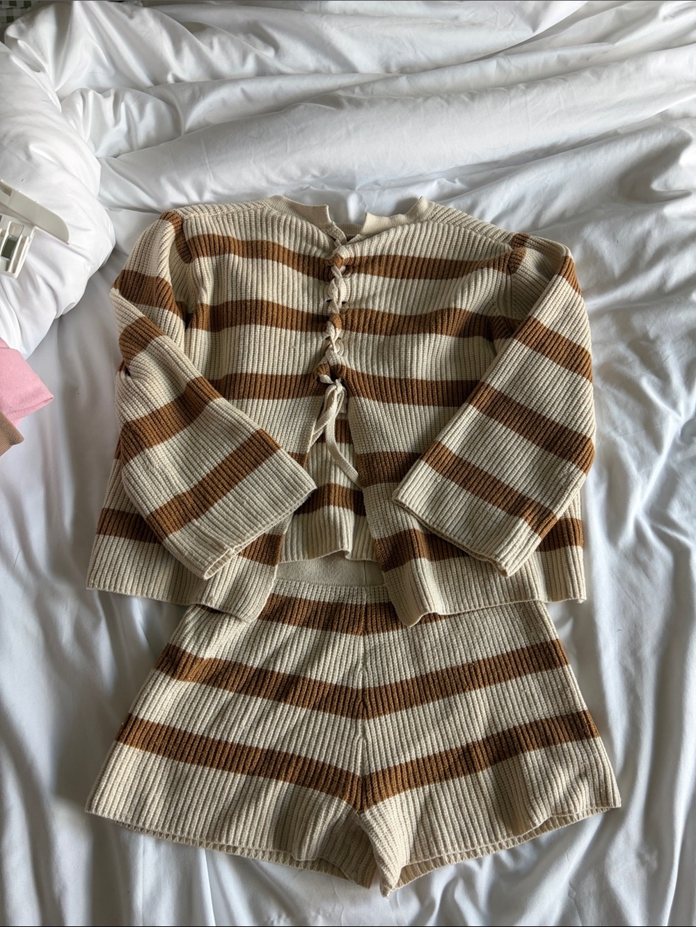 Striped Knit Two-Piece Set in Cream & Brown